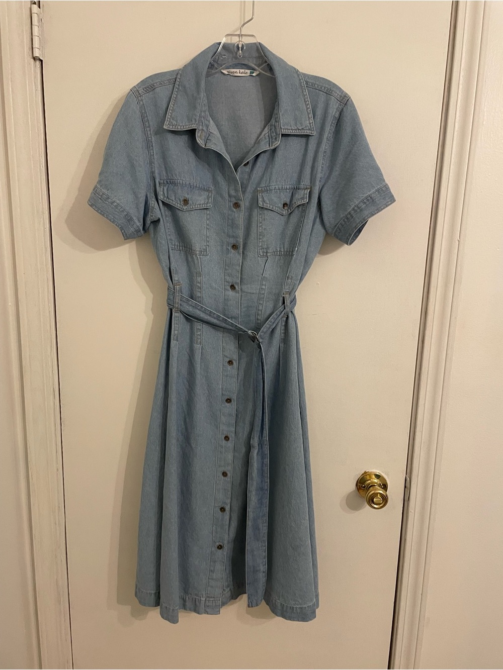 Light Blue Denim Midi Shirt Dress with Tie Waist